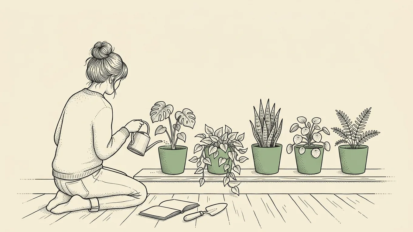 Dessin à l'encre : une jeune femme vue de dos arrose une rangée de plantes en pot posées sur une planche.