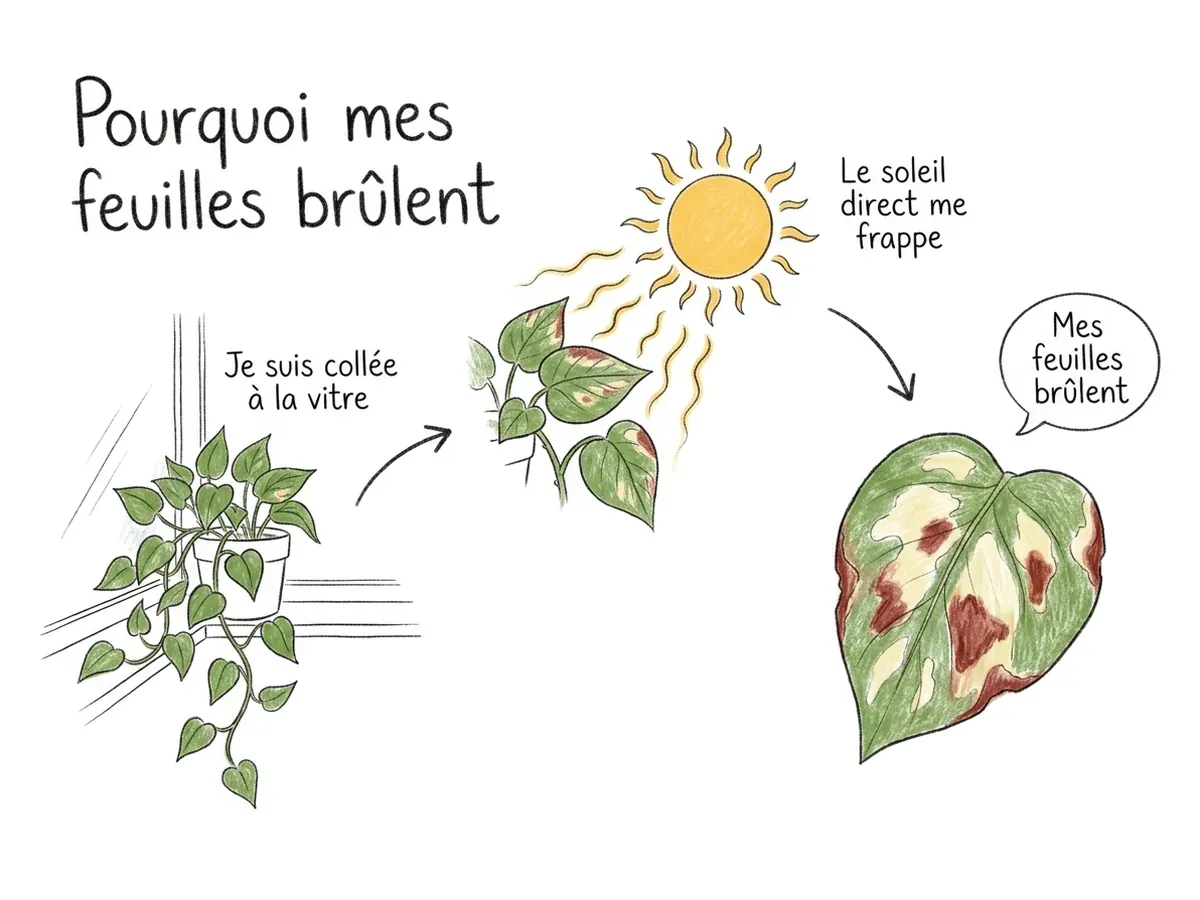 Histoire dessinée « Pourquoi mes feuilles brûlent » : collée à la vitre, la plante reçoit le soleil direct et ses feuilles brûlent.