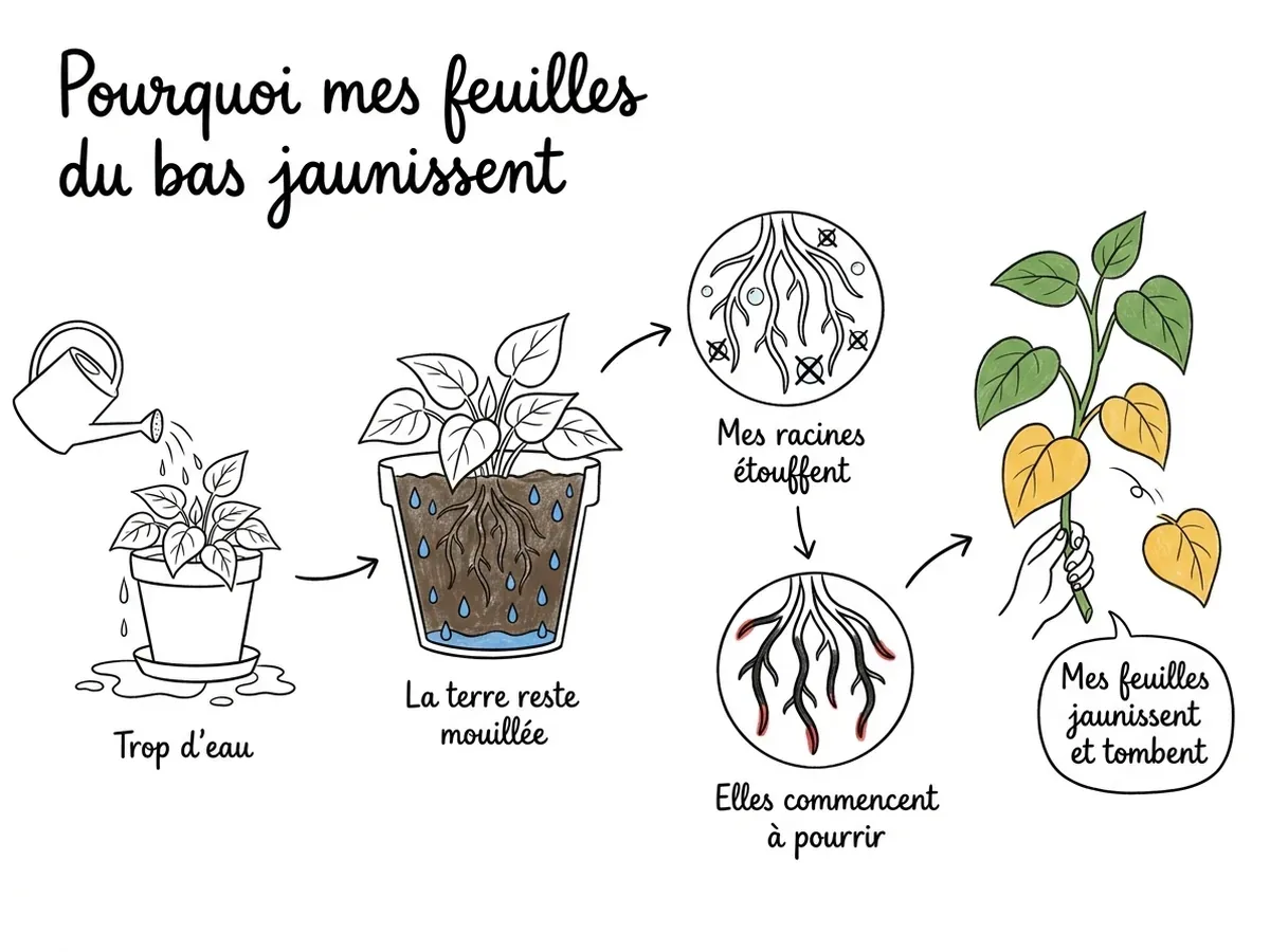 Histoire dessinée « Pourquoi mes feuilles du bas jaunissent » : trop d'eau, la terre reste mouillée, les racines étouffent puis pourrissent, les feuilles jaunissent et tombent.