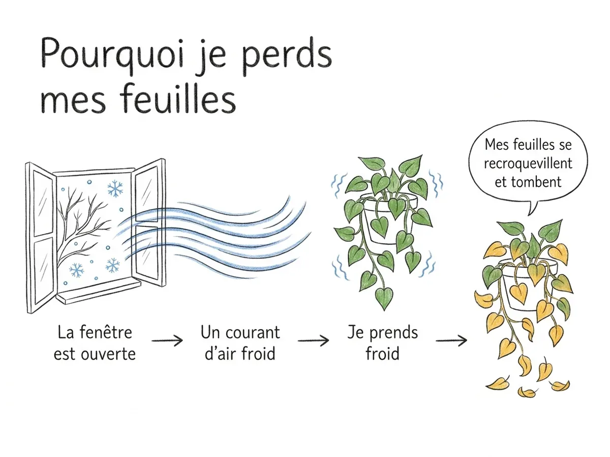 Histoire dessinée « Pourquoi je perds mes feuilles » : la fenêtre est ouverte, un courant d'air froid passe, la plante prend froid, ses feuilles se recroquevillent et tombent.