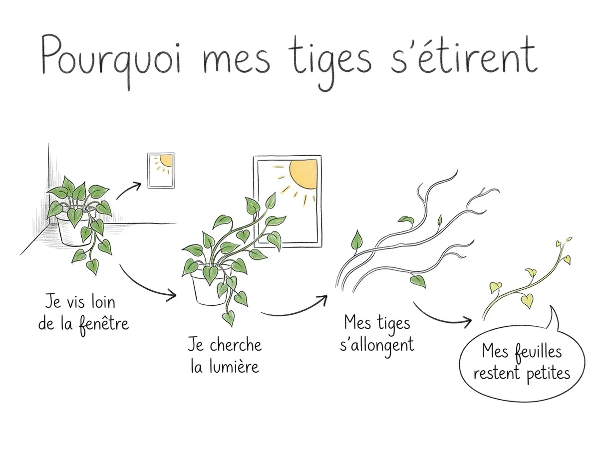 Histoire dessinée tirée de l'application : « Pourquoi mes tiges s'étirent » — la plante vit loin de la fenêtre, cherche la lumière, ses tiges s'allongent et ses feuilles restent petites.