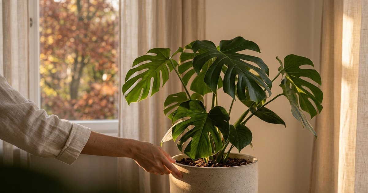 Une plante d'intérieur près d'une fenêtre, dans la lumière basse d'automne.