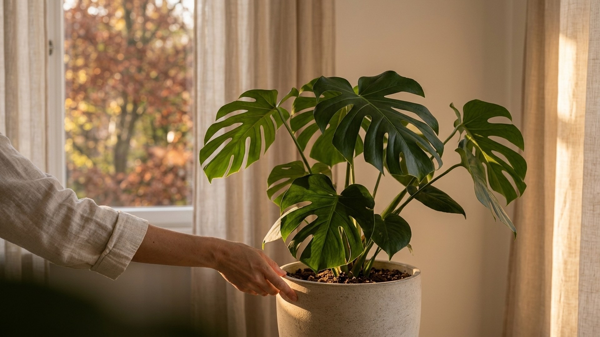 Une plante près d'une fenêtre, dans la lumière basse d'automne.